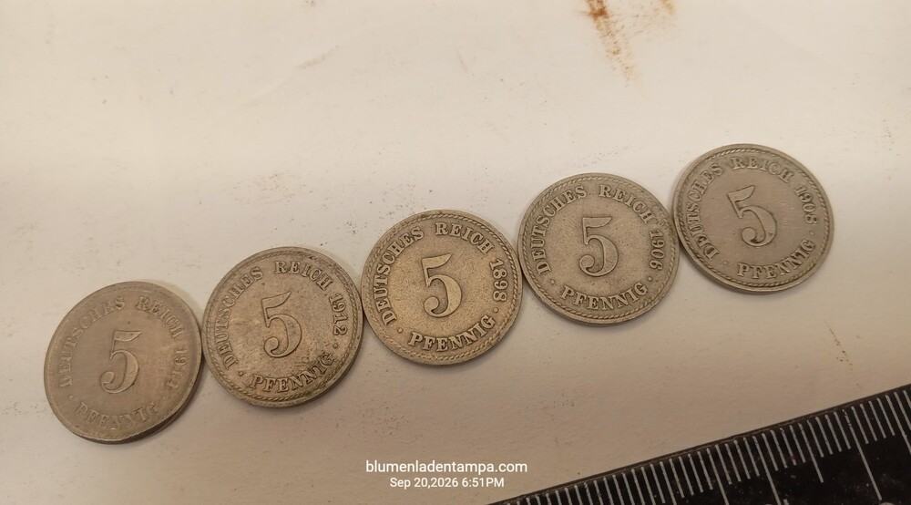 Lot of 5 German Empire 5 Pfennig Coins 1898 1908 1906 1912 1914 Cupro-Nickel